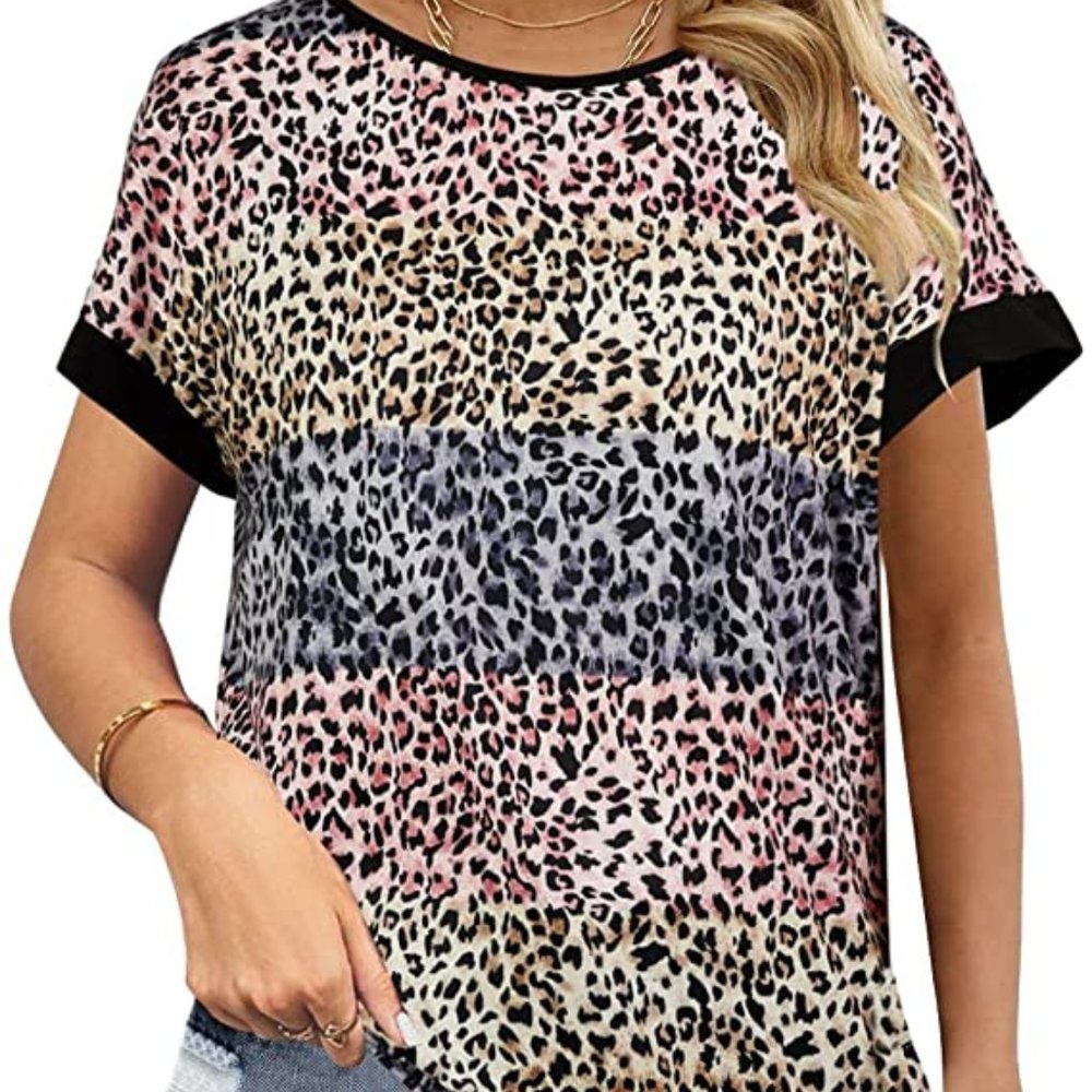 Summer T-Shirt Leopard Printed Casual Tops Crew Neck Loose Short Sleeve Tees